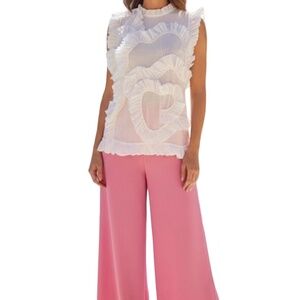 #A039   Gracia White Mesh Ruffle Top , High Neck, Sculptural Swirl Detail, S